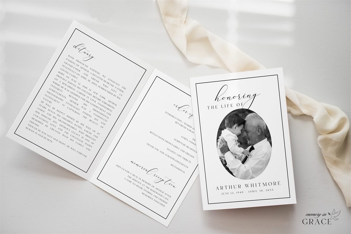 Elegant Funeral Program — color and font customization preview
