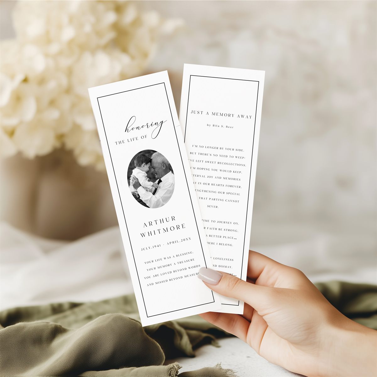 Elegant Memorial Bookmark — in real funeral context