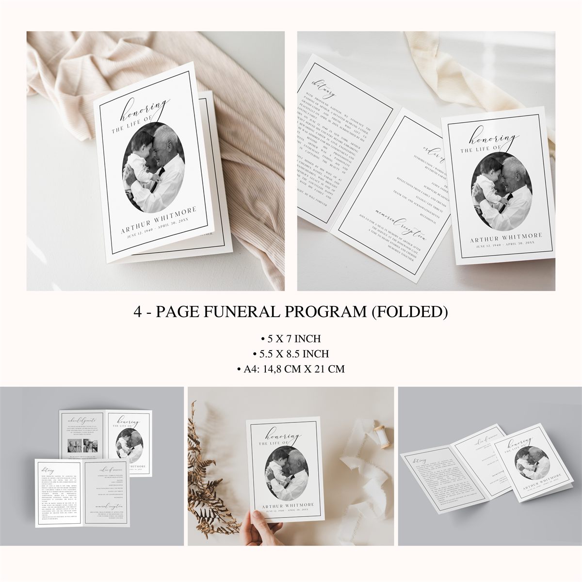Editable Funeral Bundle — print size and layout preview